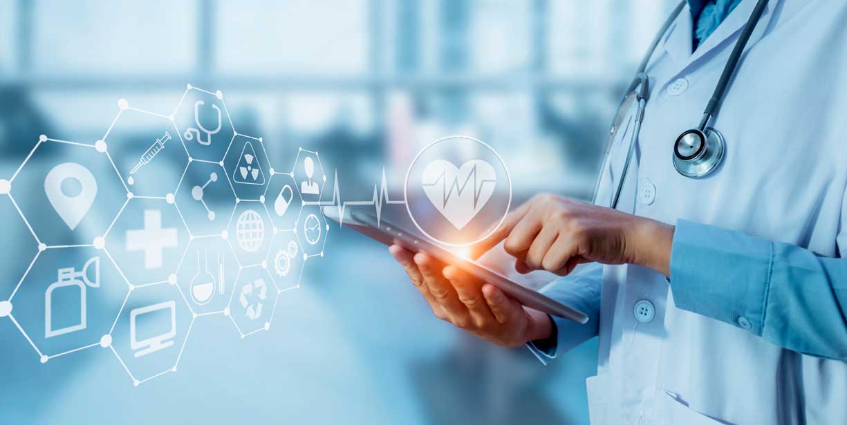Medicine Doctor Touching Tablet With Digital Healthcare And Network Connection And Hologram Modern Virtual Screen Interface Icons, Medical Technology And Futuristic Concept